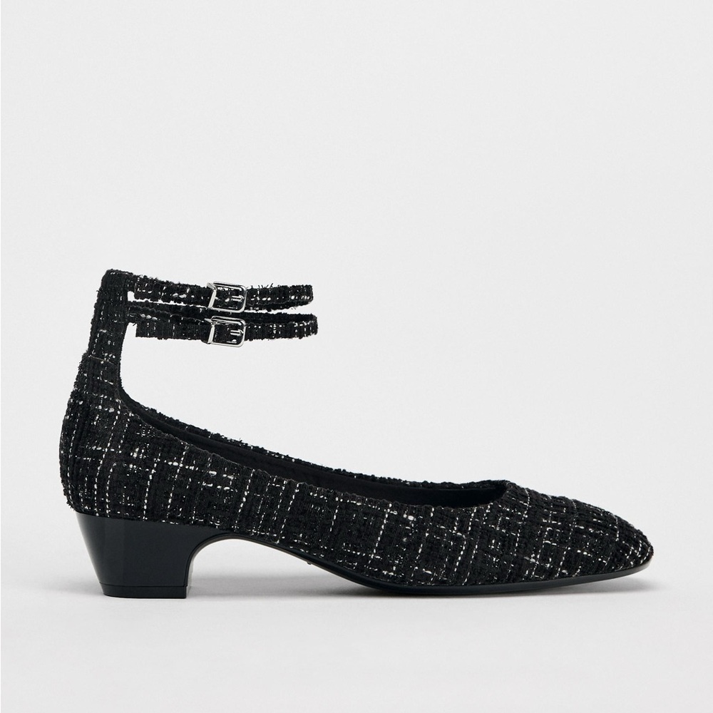 Black and White Tweed Flats with Ankle Strap